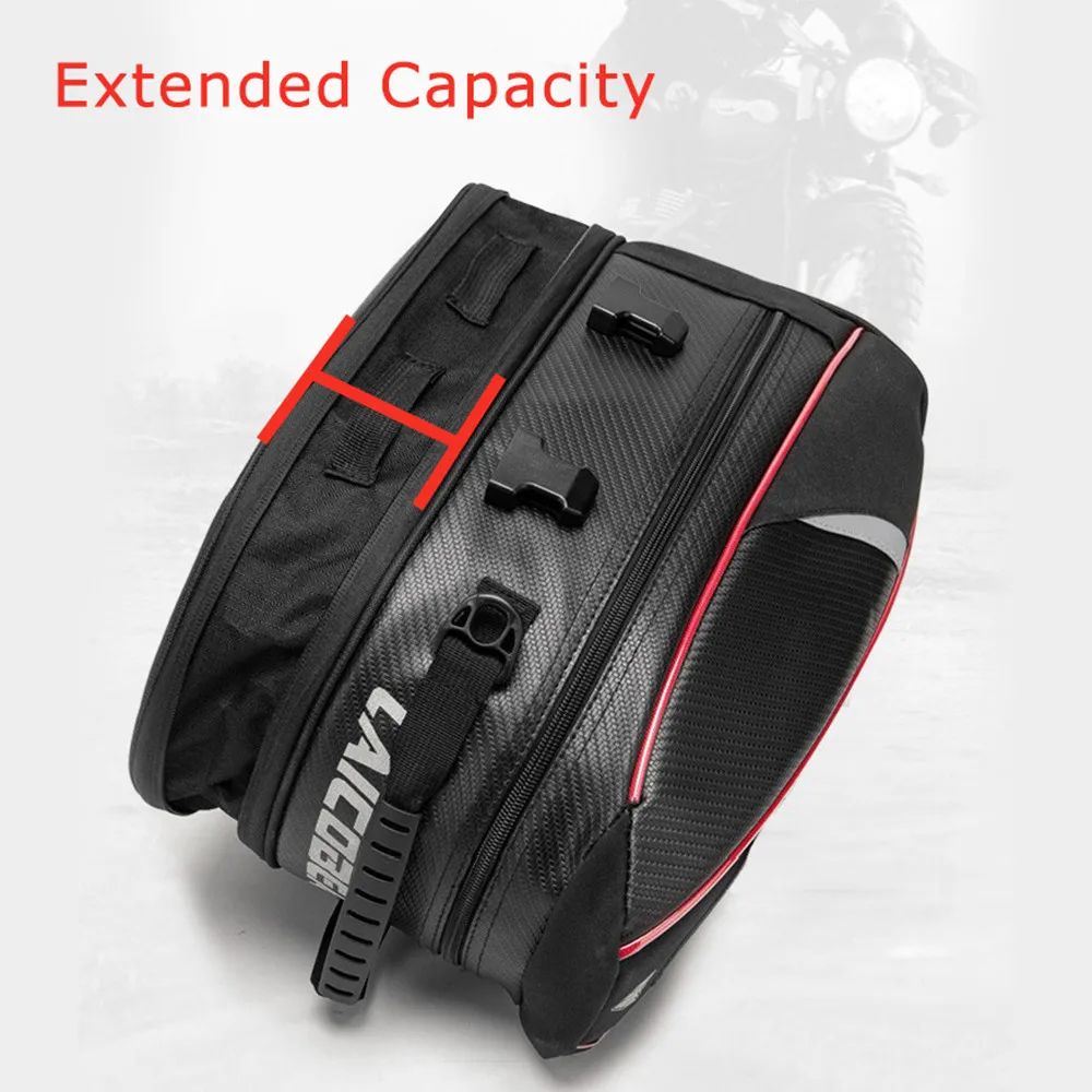 Motorcycle Rear Seat Bag, Expandable Carbon Fiber PU Motorbike Tail Storage Bag with Rain Cover for Half Helmet