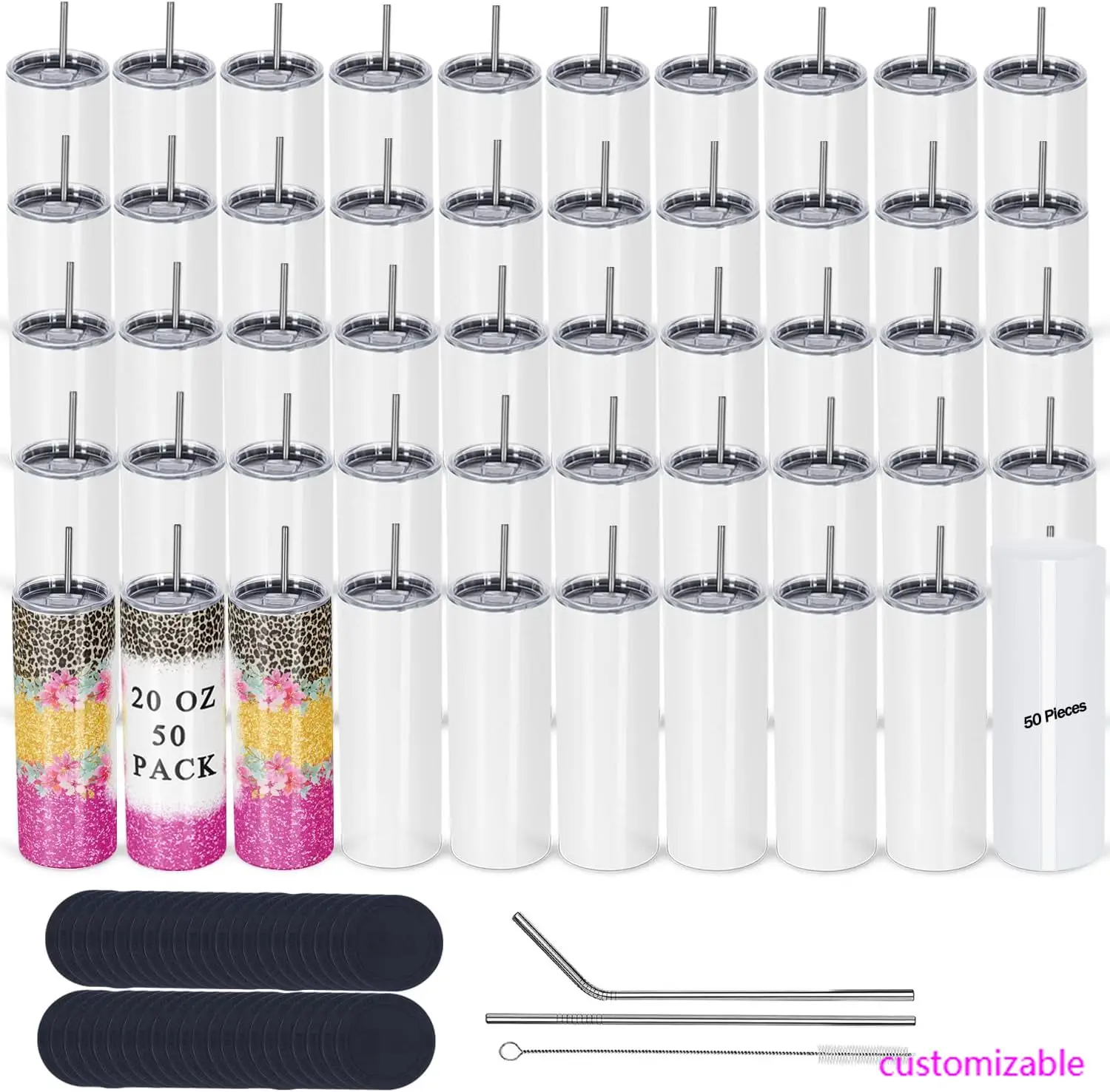 

50 Pack Sublimation Tumblers Bulk 20 oz Skinny Straight，Stainless Steel Sublimation Blanks Skinny Tumbler Cups White