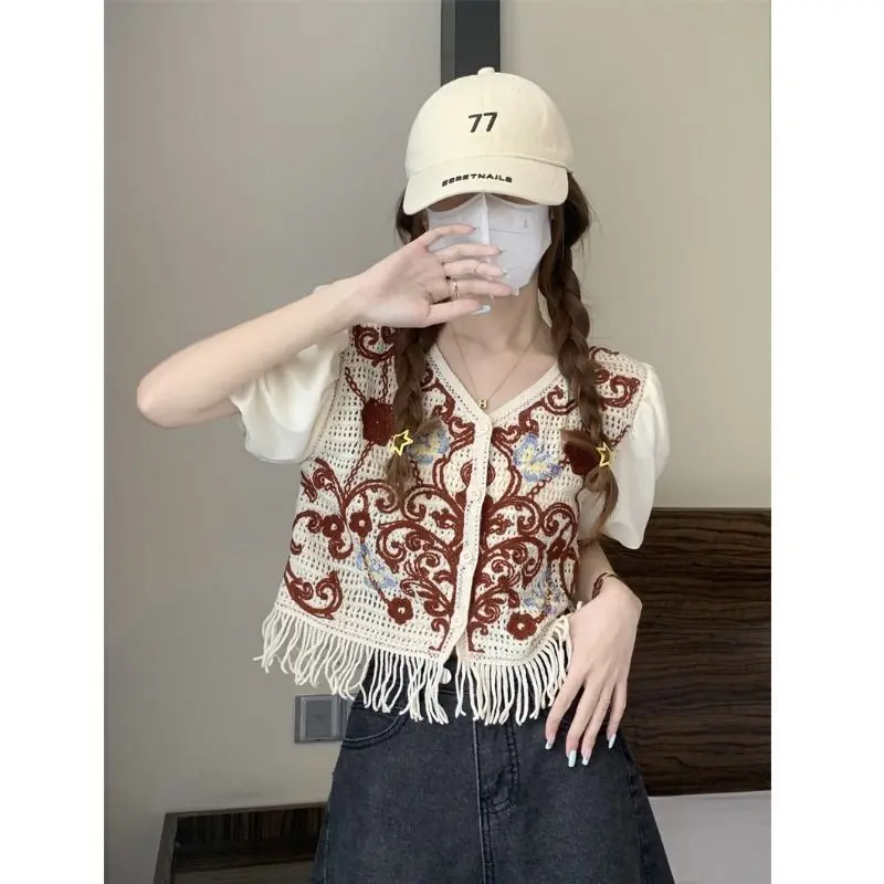 

French Vintage Lace Up Shirt for Women Summer Fringe Short Sleeved Bubble Sleeve Top