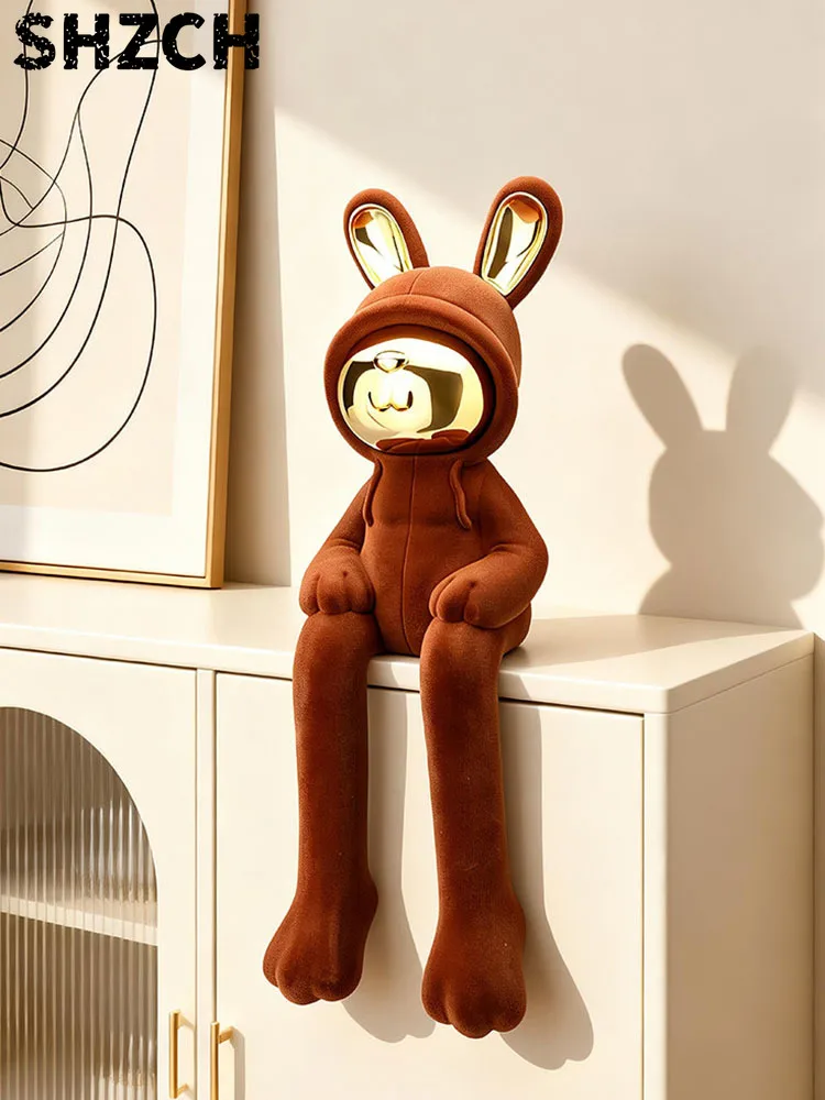 Home Decor Long Leg Flocked Rabbit Resin Statue Rabbit Sculpture Desktop Ornament Living Room TV Cabinet Decor Housewarming Gift