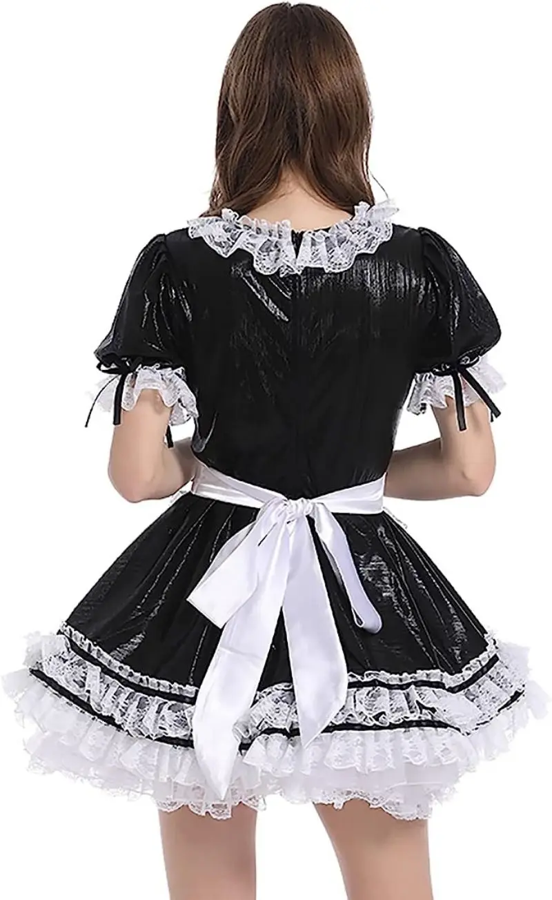 Adult Giant Baby Sexy Girl Black Thin PU Short Sleeved Sissy Dress White Satin Apron Maid Role-playing Dance Dress Customization