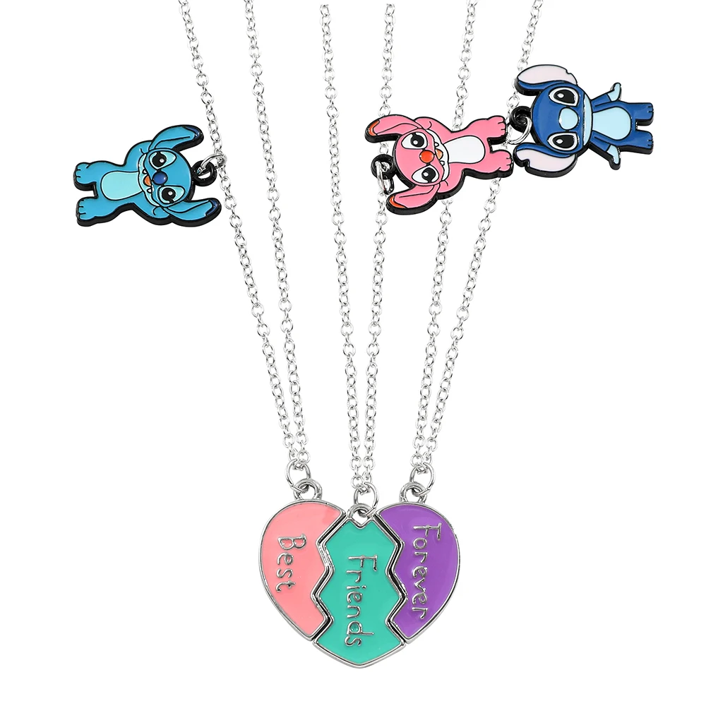 3pcs Disney Stitch Angel Necklace Best Friend Forever Heart Neck Chain for Women Men Friendship Jewelry Gifts