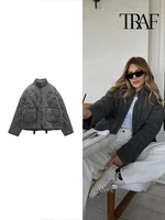 Mujeres Moda Diamante Plaid Chaqueta de algodón Invierno Cálido Bolsillo Chaqueta Vintage Casual Loose Chaqueta de manga larga con cremallera de la calle
