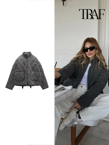 Imagen 1 del producto Mujeres Moda Diamante Plaid Chaqueta de algodón Invierno Cálido Bolsillo Chaqueta Vintage Casual Loose Chaqueta de manga larga con cremallera de la calle