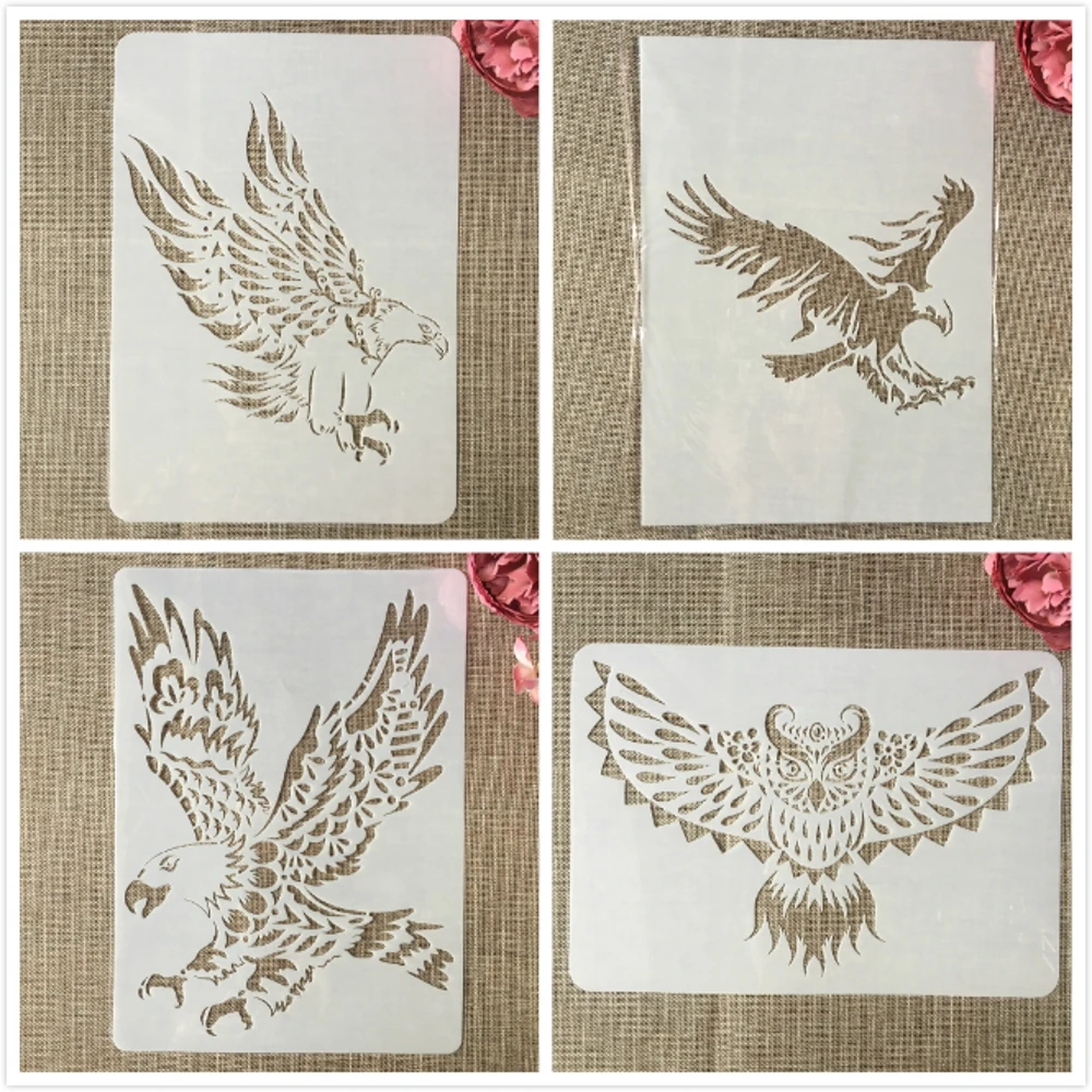 4Pcs/Set A4 29cm Eagle Owl Bird Prey DIY Layering Stencils Painting Scrapbook Coloring Embossing Album Decorative Template