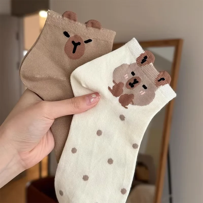 5 Pairs Cute Capybara Women'S Knee-Length Socks, Cartoon Knit Fabric, Summer Thin Low Cut Japanese Style Socks, Machine Washable image 5