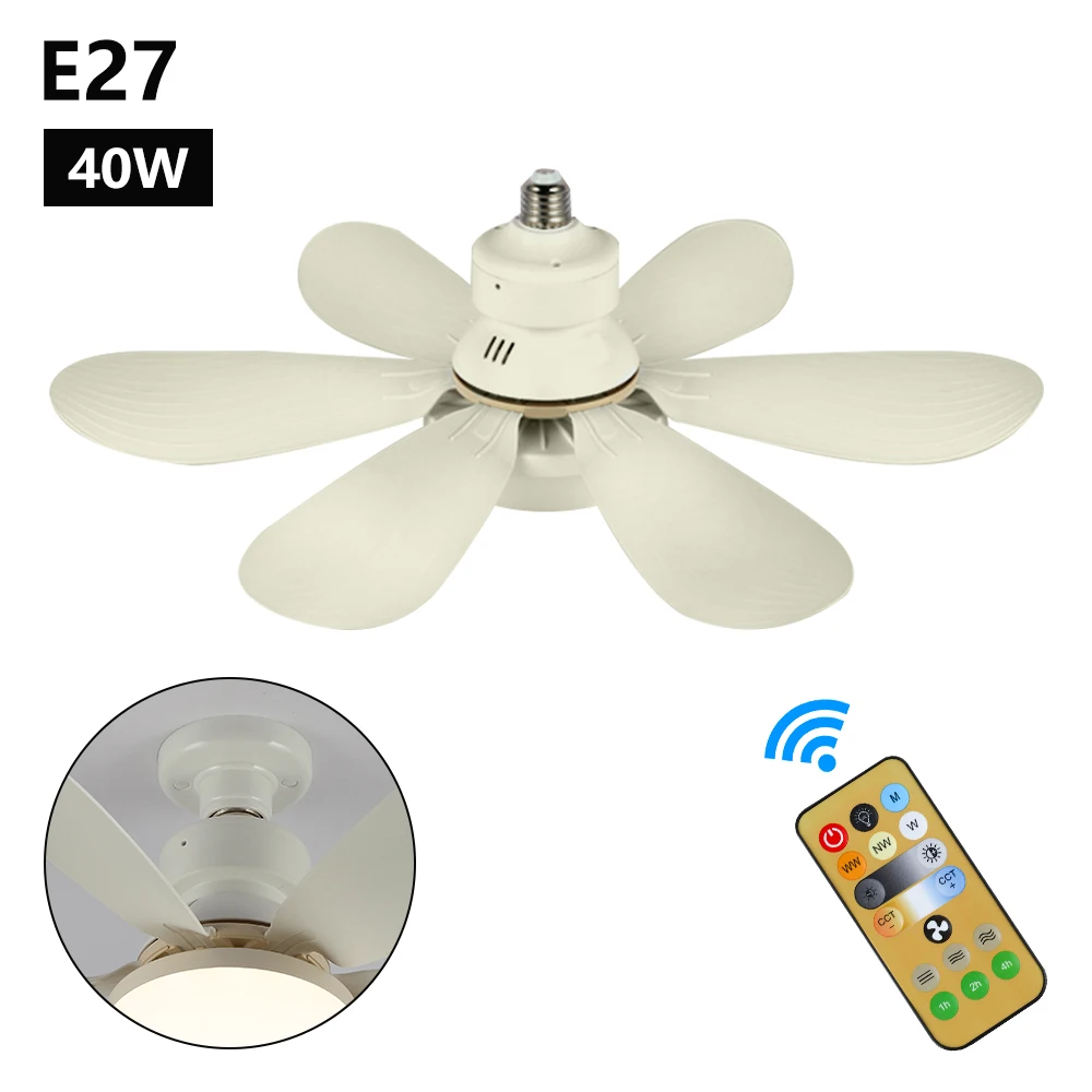 40W LED Ceiling Fan Light E27 Converter Base Ceiling Fan with Remote Dimmable for Home Living Room Bedroom