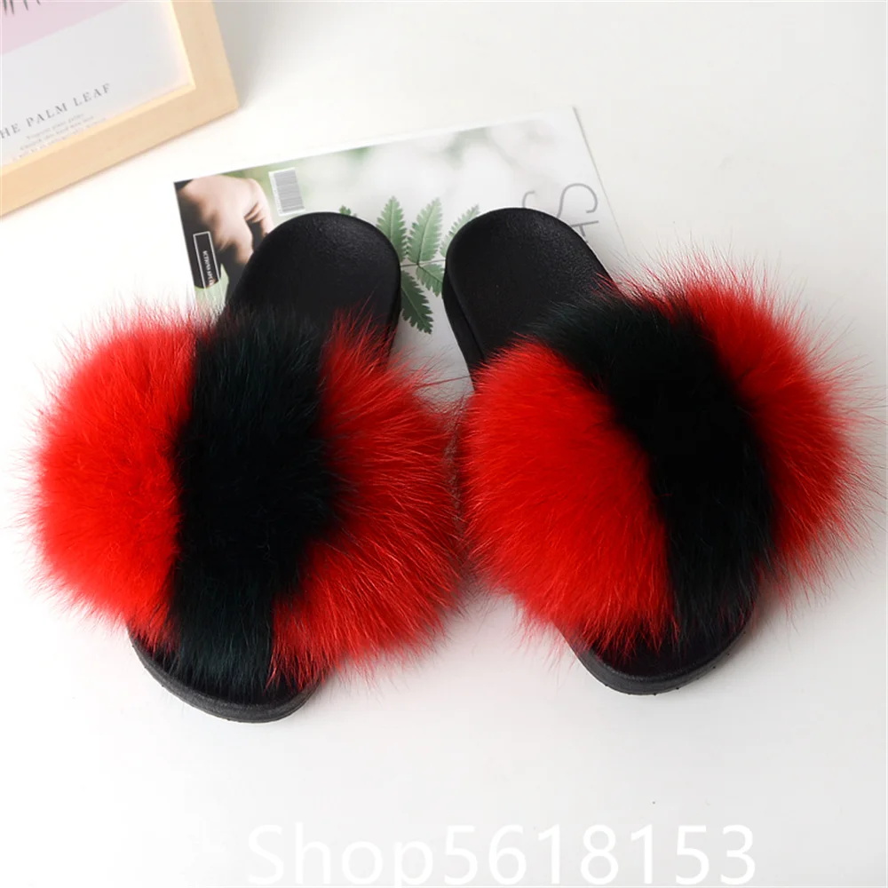 Red And black Fashion Versatile Real Fox Fur Grass Slippers Popular on the Internet Going Out  （number35-38 ）