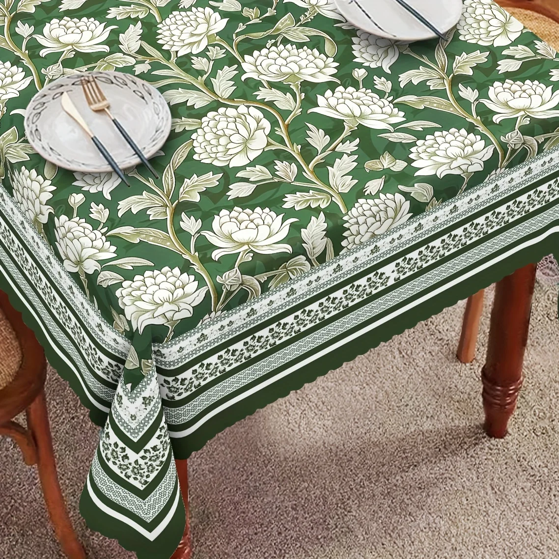 One piece, white Indian printed tablecloth, vintage farmhouse tablecloth, turquoise green tablecloth.