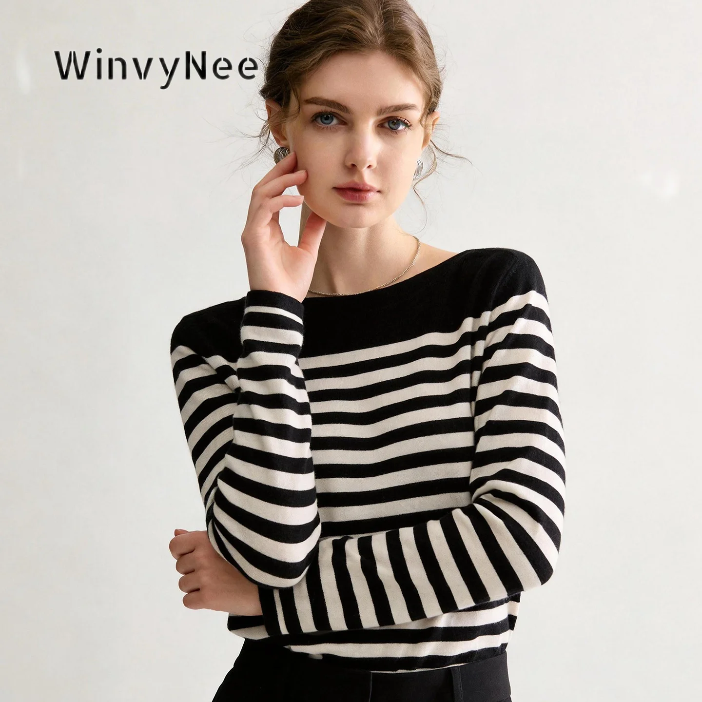 WinvyNee Women Knitwear Fine Spun Pure Wool Stripe Boat Neck Pullover Preppy Elegant Layering Soft Spring Autumn Daily A1847001