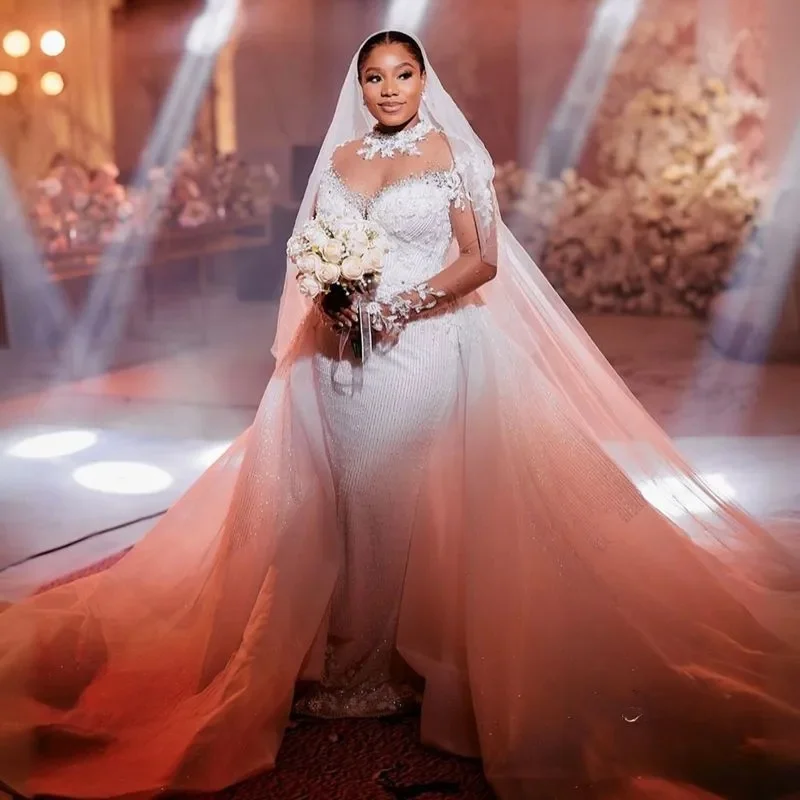 Customized Plus Size Wedding Dress Bridal Gowns For Bride Mermaid High Neck Long Sleeves Tiered Tulle Ruffles Church Beaded Lace