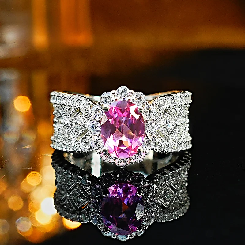 New flower lace 925 silver rupee pink tourmaline ring inlaid with high carbon diamond ice flower cutting temperament for women