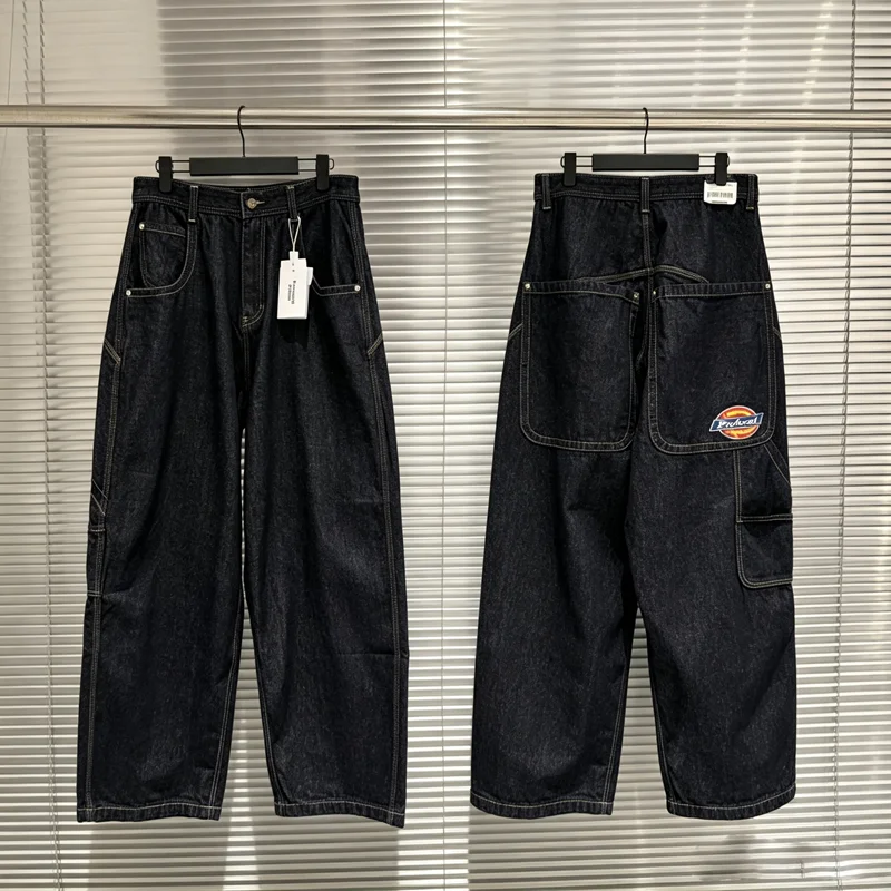 Big Pockets Silhouette Protocol Index Loose Straight Jeans Men Women High Quality Casual Embroidery Label Patch Cowboy Pants