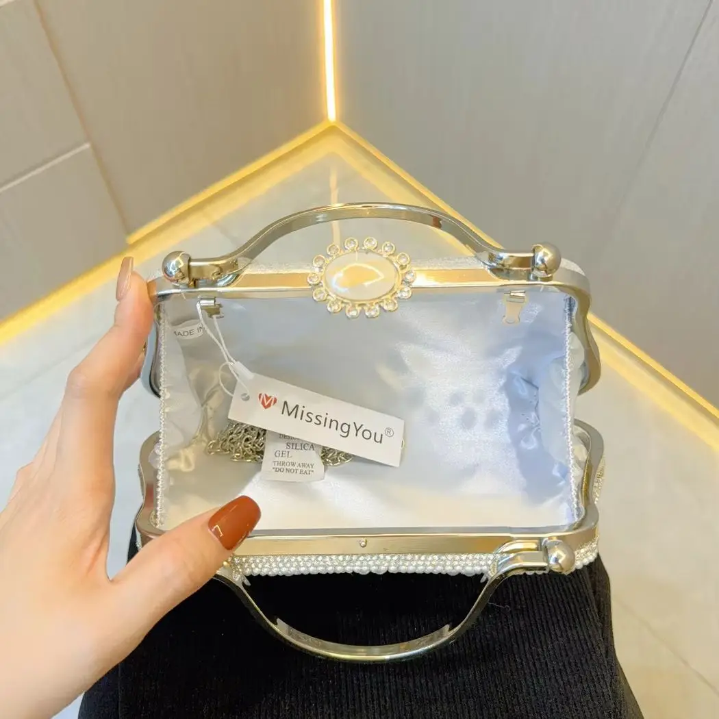 White Beading Tote Bag for Women Elegant Clutch Purse Black Pearl Handbag Wedding Party Prom Bag Vintage Crossbody Bag view 4