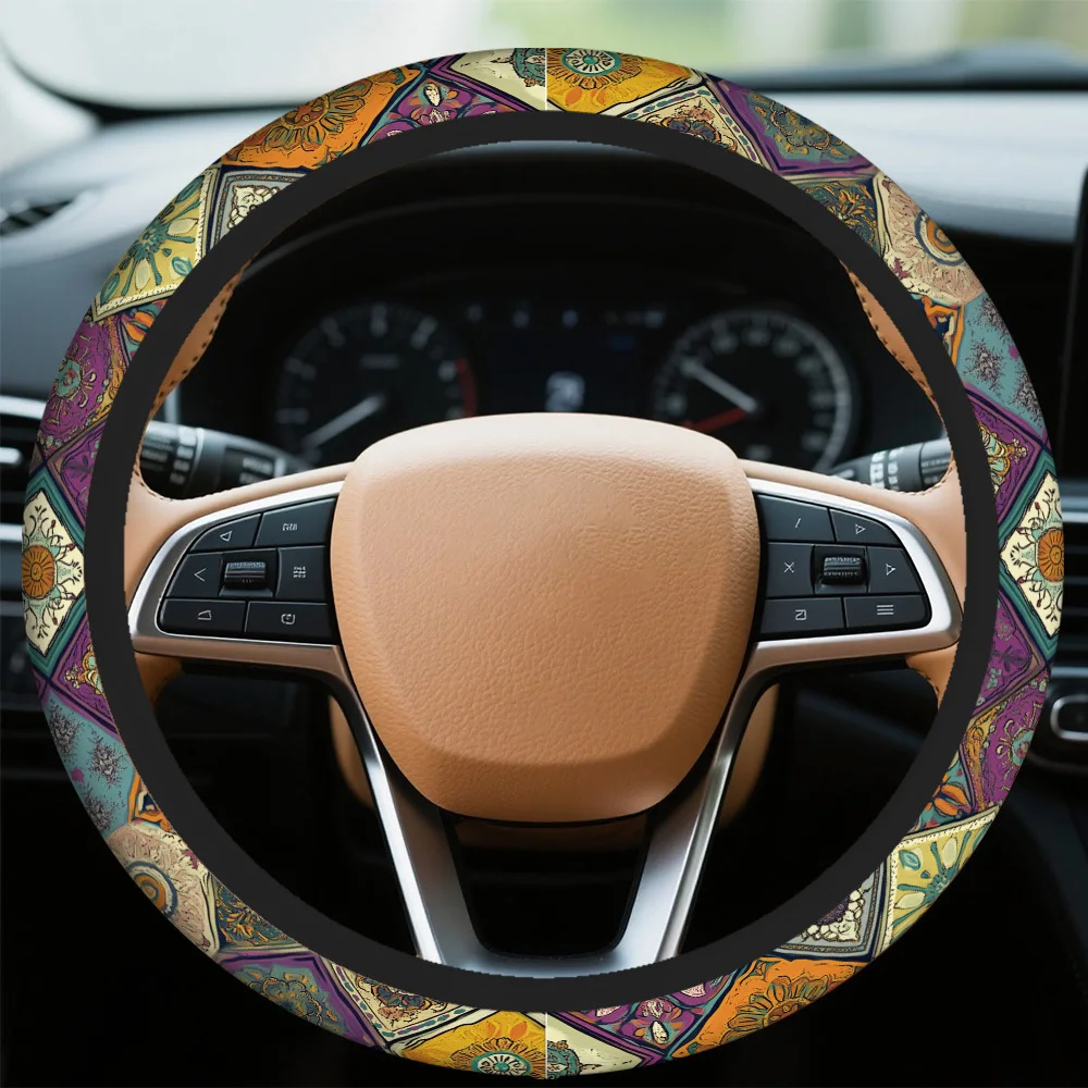 1pc Colorful Geometric Floral Tiles Steering Wheel Cover – Non-Slip Surface, Universal Fit, Adds Style To Your Car Interior