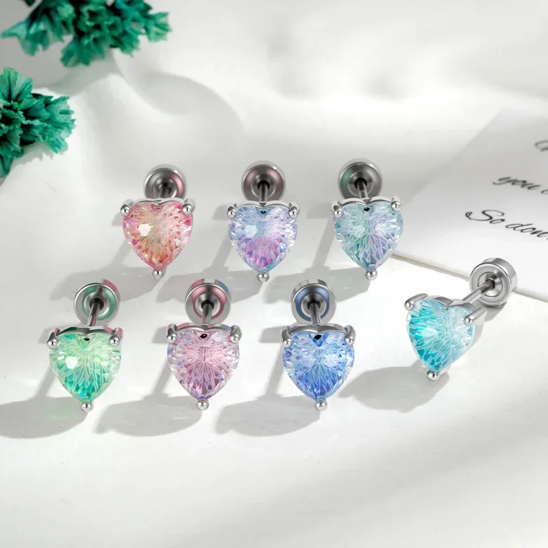 20G Hypoallergenic Titanium Heart Cubic Zirconia Ear Stud Stackable Earrings Piercing Jewelry for Sensitive Ears Cartilage Helix