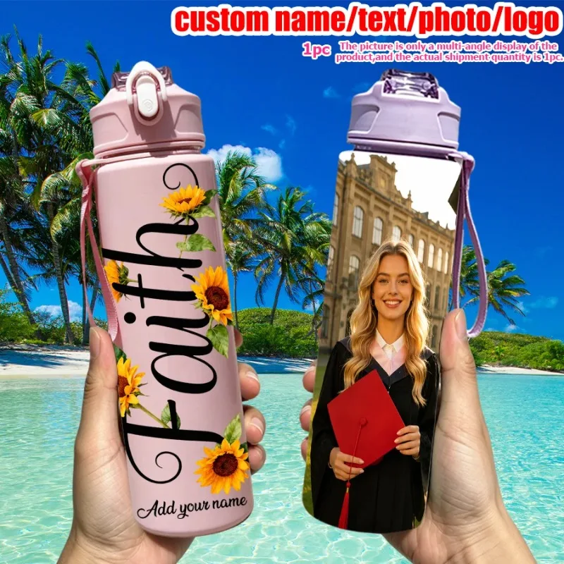 Personalized 25oz Faith Text Pattern Water Bottle Custom Picture & Text for Graduation Back to School Holiday Festival Gift