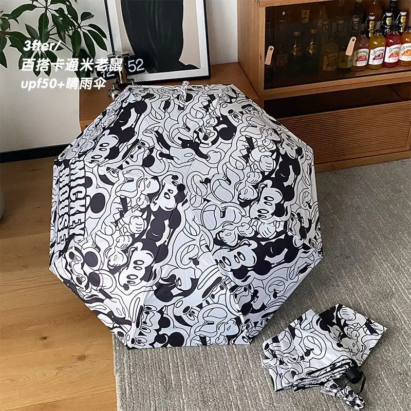 Disney Fully Automatic Mickey and Minnie Tri-fold Cute Cartoon Umbrella Vinyl Parasol Sun Umbrella Rain or Rain