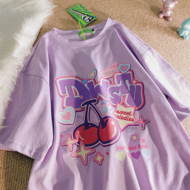 Maglietta da donna con stampa di frutta estiva del fumetto maglietta Harajuku Y2K maglietta da donna Casual allentata a maniche corte maglietta oversize carina