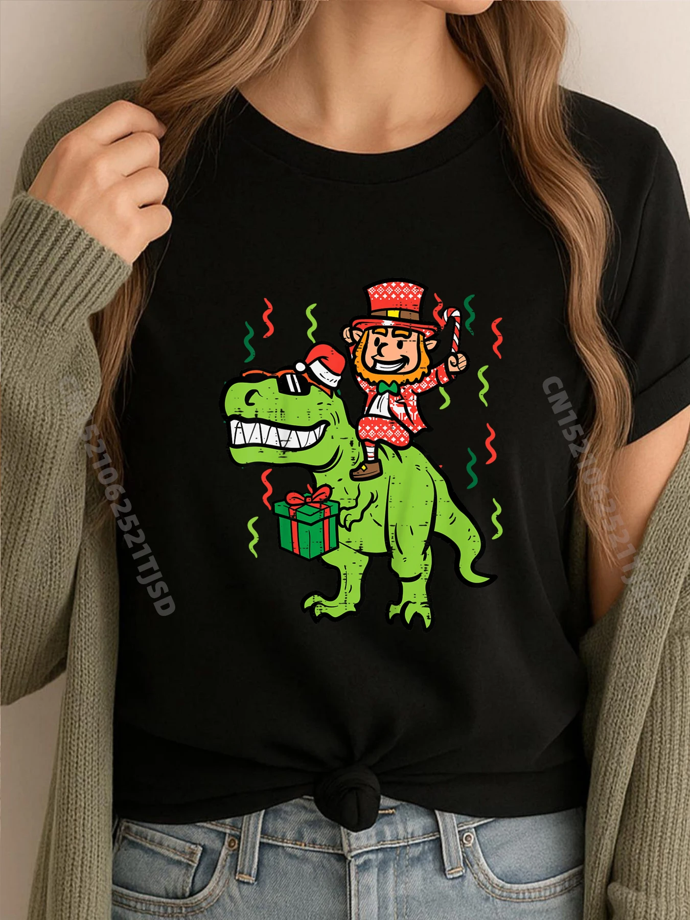 

Детская Рождественская Лепрекон на Дино Трекс Рождественская дизайнерская одежда для малышей Женская футболка-мем