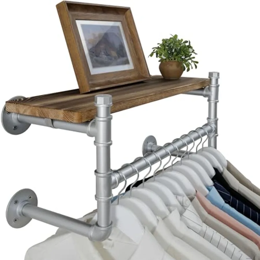 

Wall Mounted Clothes Rack with Shelf,"dustrial Pipe Clothg Rack with Shelf with Hangg Rod, Heavy Duty Iron Garment Rack Bar, Re