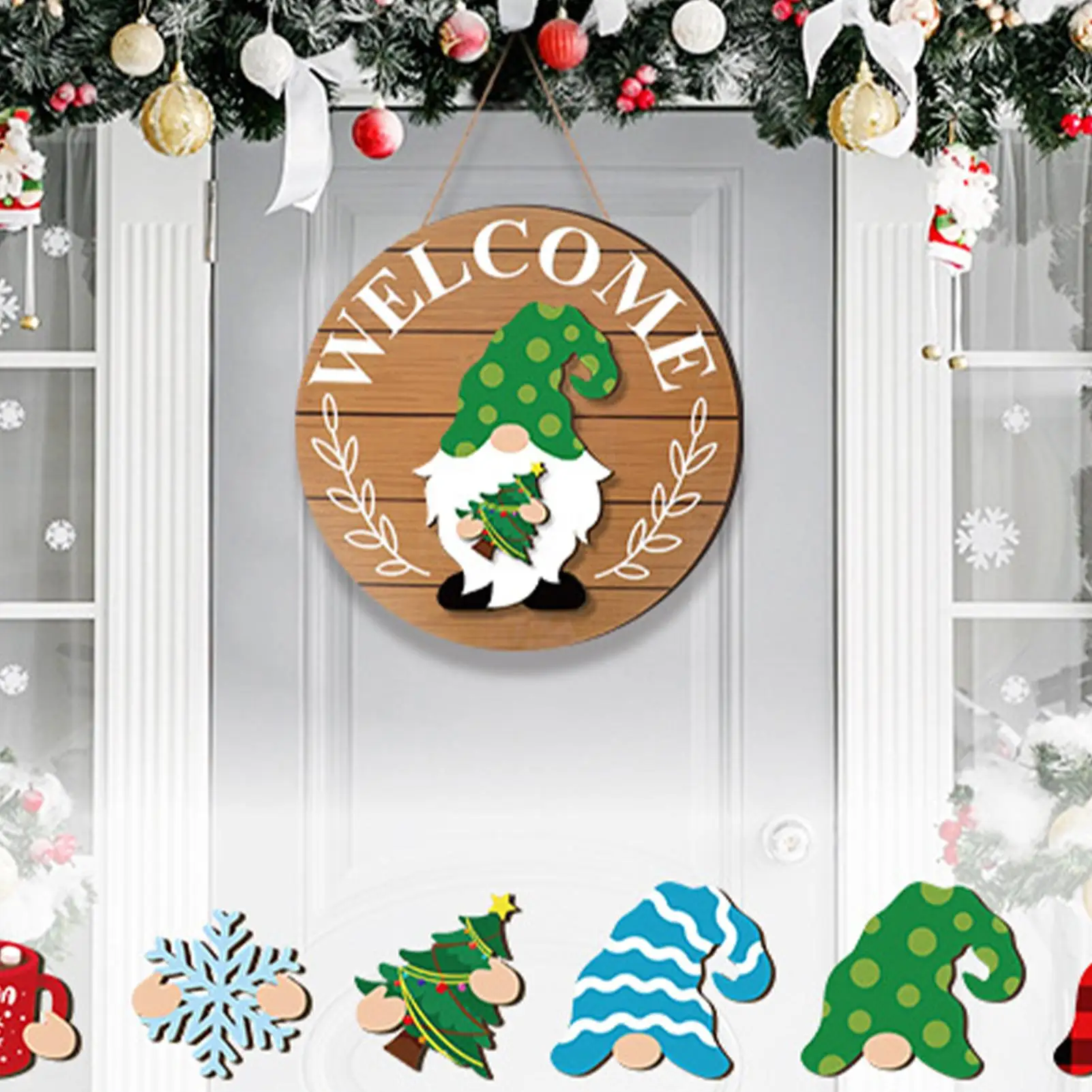 Gnome Welcome Sign Interchangeable Wooden Decorations Wall Decor With Magnet Pieces And Detachable Hats For Christmas Holiday