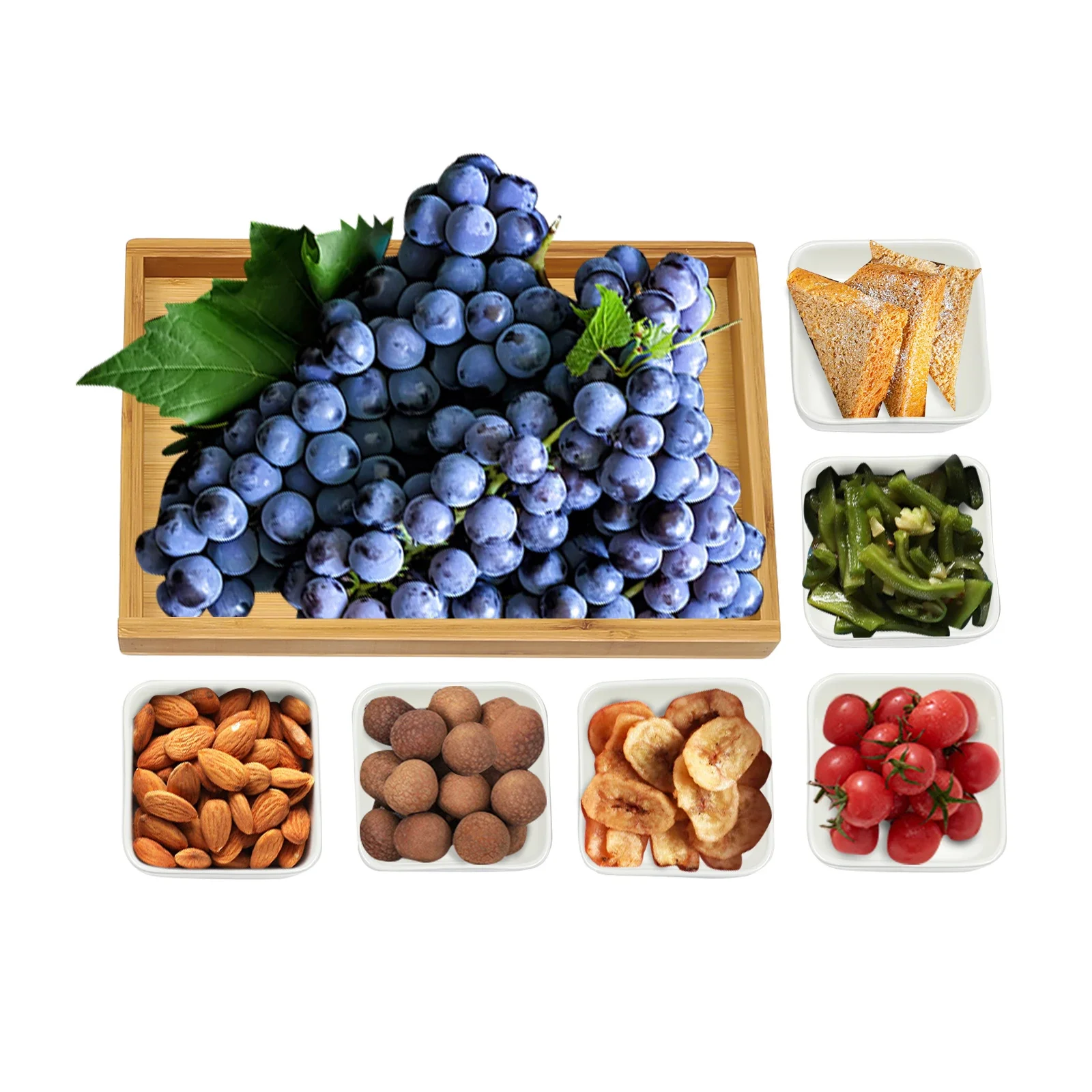 مجموعة صينية تقديم مكونة من 6 قطع - أغطية من الخيزران ومنصات وأوعية مقصورة قابلة للإزالة