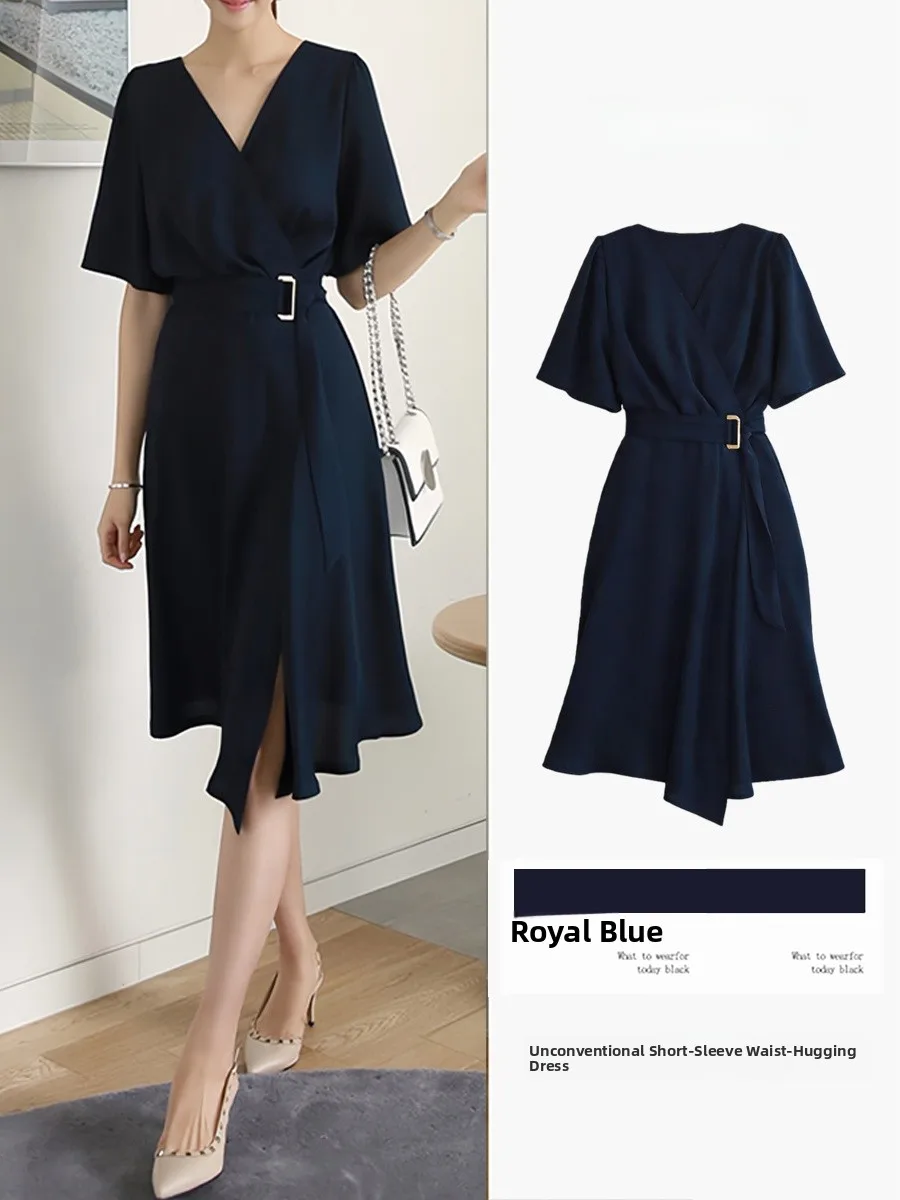 

V-Neck Short Sleeve Women's Dress Summer New Style Draped Waist Slimming Asymmetrical Commute Chiffon Skirt Korean Style