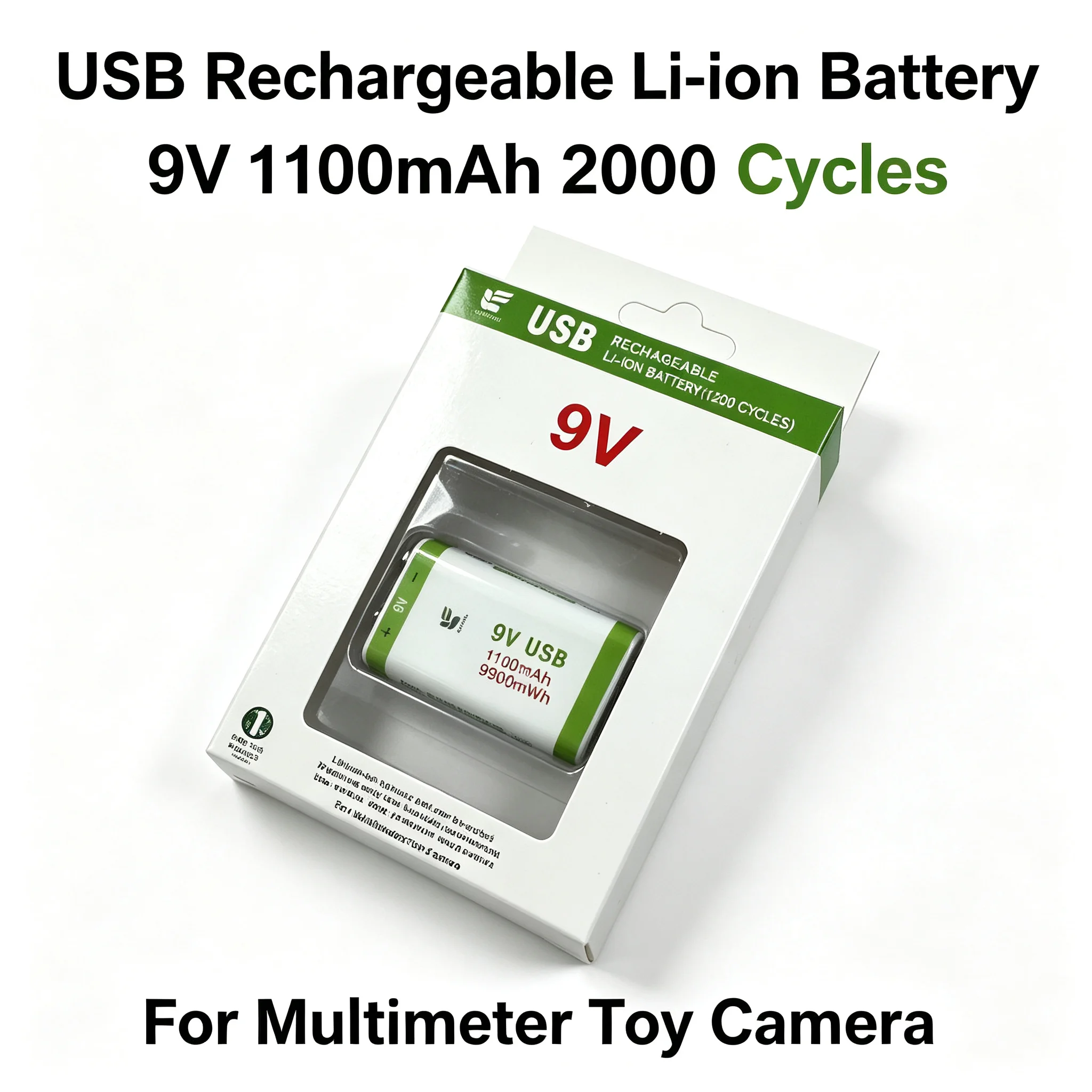 USB Charging 9V Square Lithium Rechargeable Battery 1100mAh Replacement for Multimeter Microphone