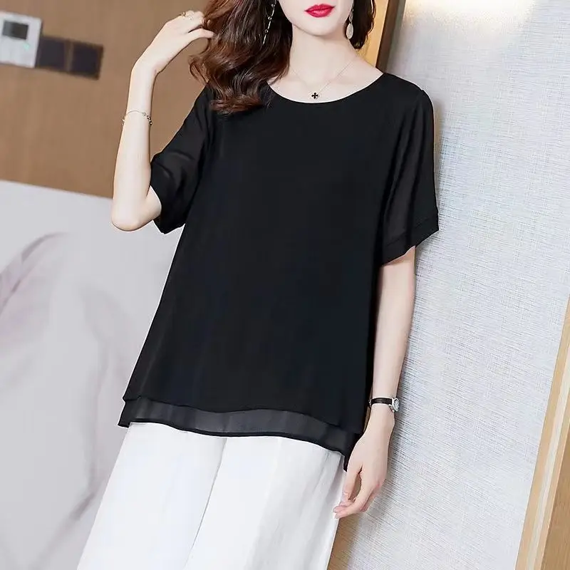 Women Summer Simplicity Loose Fashion Irregular Solid Color O-neck Short Sleeve Chiffon Shirts Ladies Casual Appear Thin Top Tee