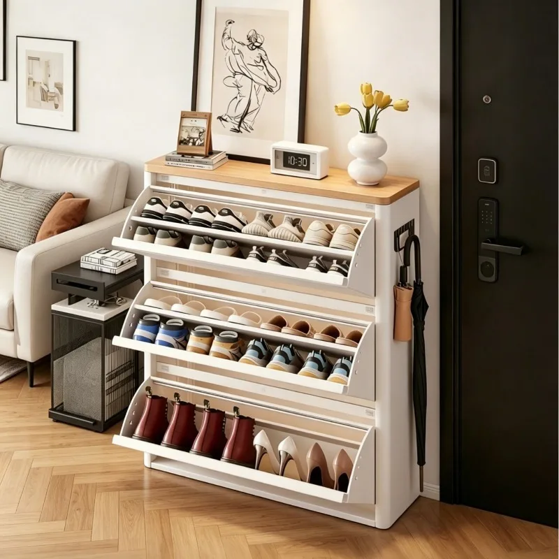 Ultra Thin Steel Tilting Shoe Cabinet, Slim Entryway Shoe Rack, Flip Storage Organizer for Home Hallway Space Saving