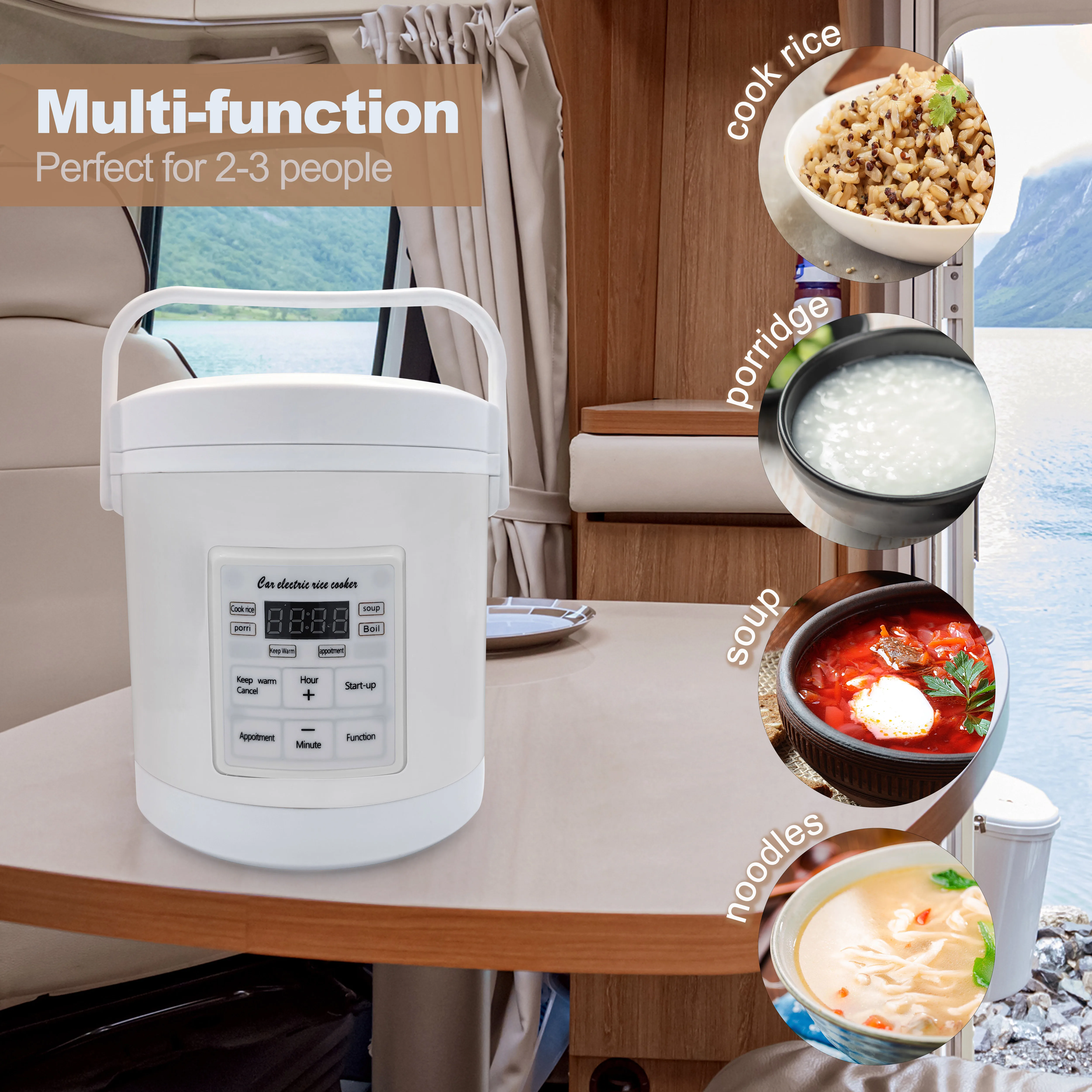 หม้อหุงข้าวมาใหม่ที่ใช้ในรถยนต์และรถบรรทุก 12v ถึง 24v สําหรับบ้าน 220V เพียงพอสําหรับสองคน