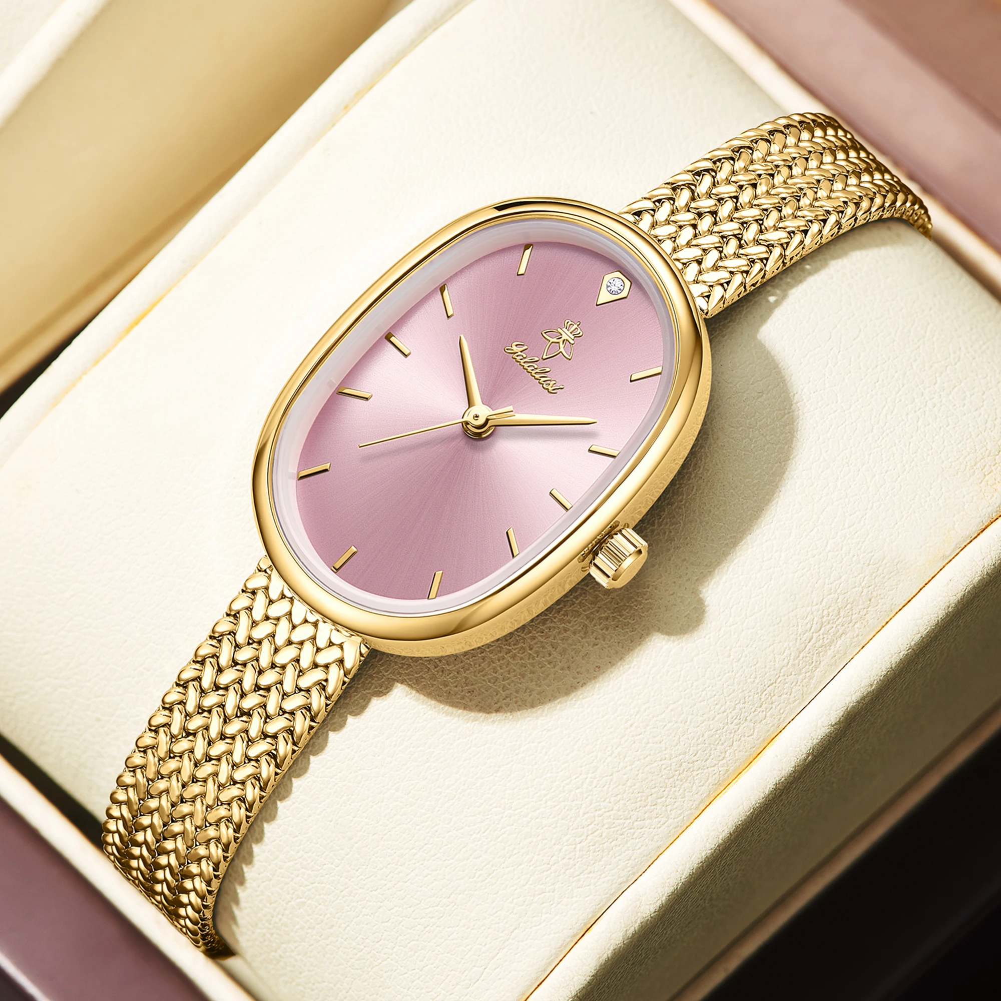YaLaLuSi Oval Pink  Dial Gold Herringbone Mesh Women Watch Tiny Diamond Index Minimal Thin Case Ladies Quartz Bracelet Dress Wristwatch