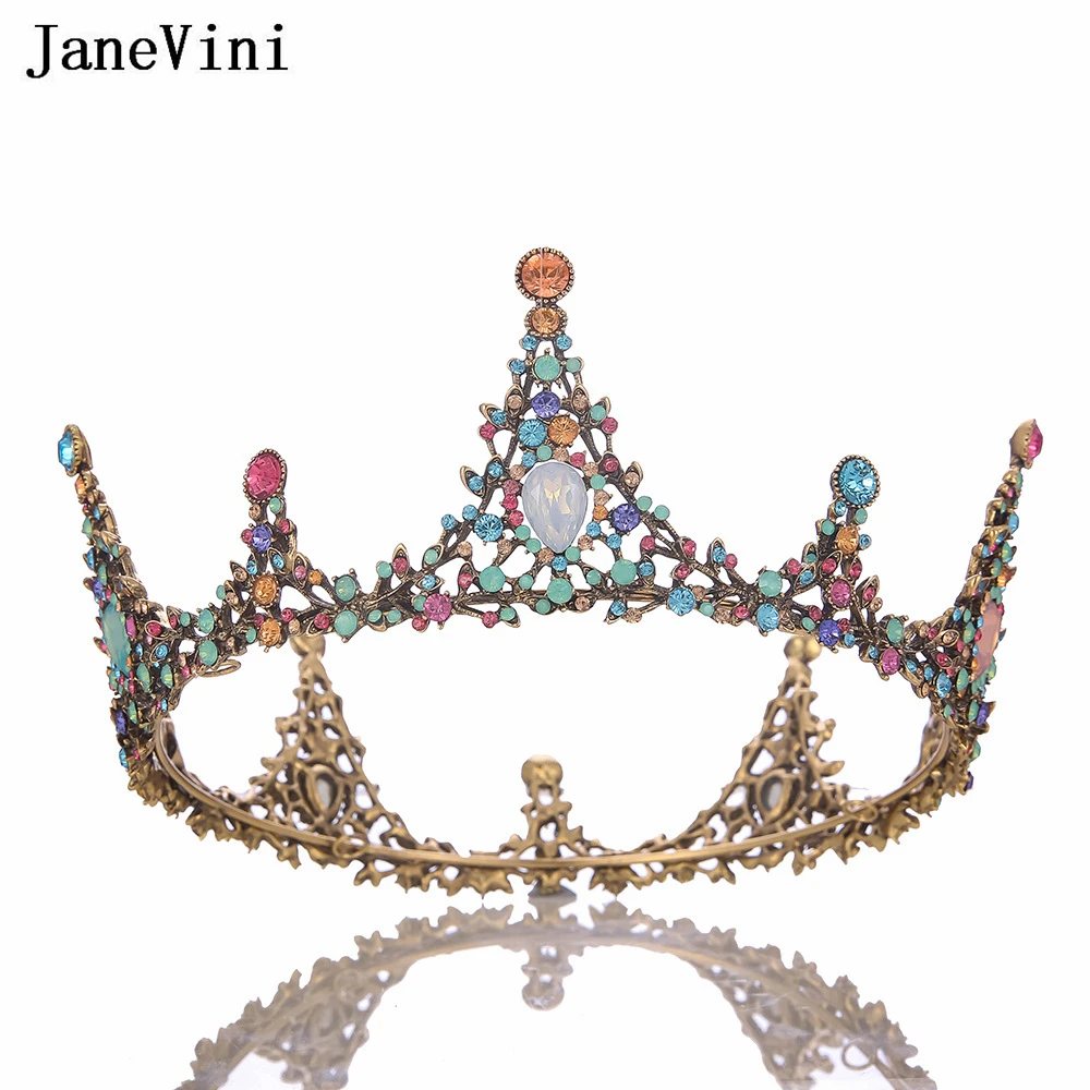 

JaneVini Vintage Baroque Colorful Crystal Rhinestone Wedding Tiaras Crowns Women Round Headwear Party Luxury Bridal Headpieces