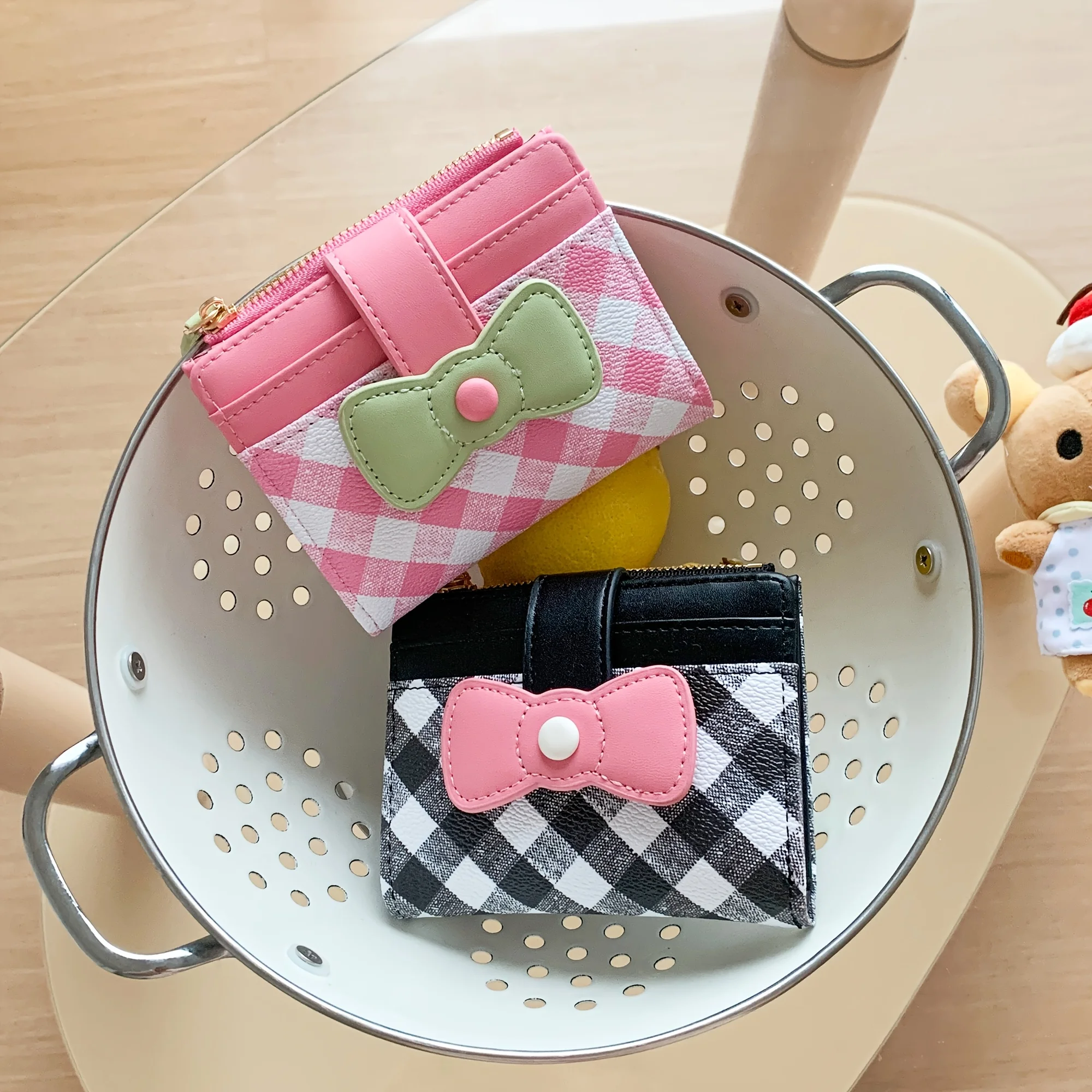 Dopamine Bow-Knot Plaid Short Wallet, Sweet and Cute, Girly Design, Multiple Card Slots, Card Holder, Coin Purse