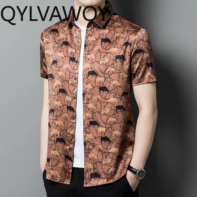 QYLVAWOY 90% Mulberry Silk Men's Shirts Printed Man Shirt Luxury Short Sleeve Tops Thin Summer Shirts for Man Casual Ropa Hombre