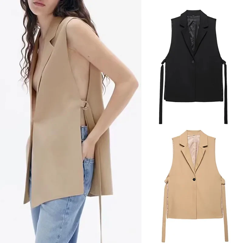 

Fangokv Women Fashion Solid Lace Up Vest V-Neck Single Button Sleeveless Jackets Female Chic Lady Outfit Tank Tops