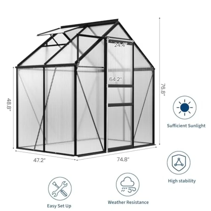 6x4 Feet Polycarbonate Greenhouse with Sliding Door, Adjustable Roof Vent, and Rain Gutter, Walk-in Greenhouse for Outdoor Gard