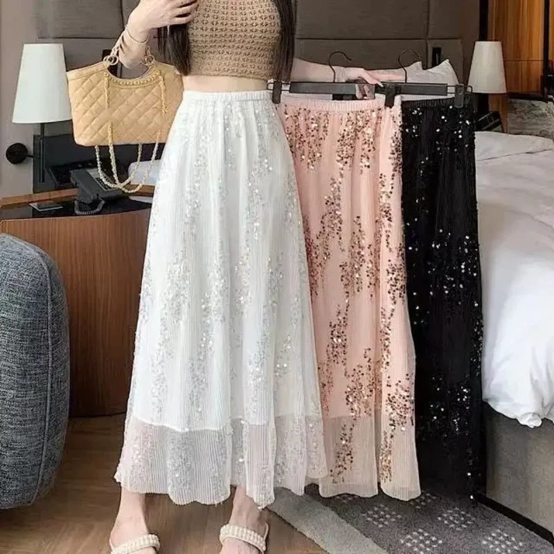 Fashionable and Sparkling Half Length Skirt for Women's Summer New Style High End Loose High Waisted Mesh Skirt