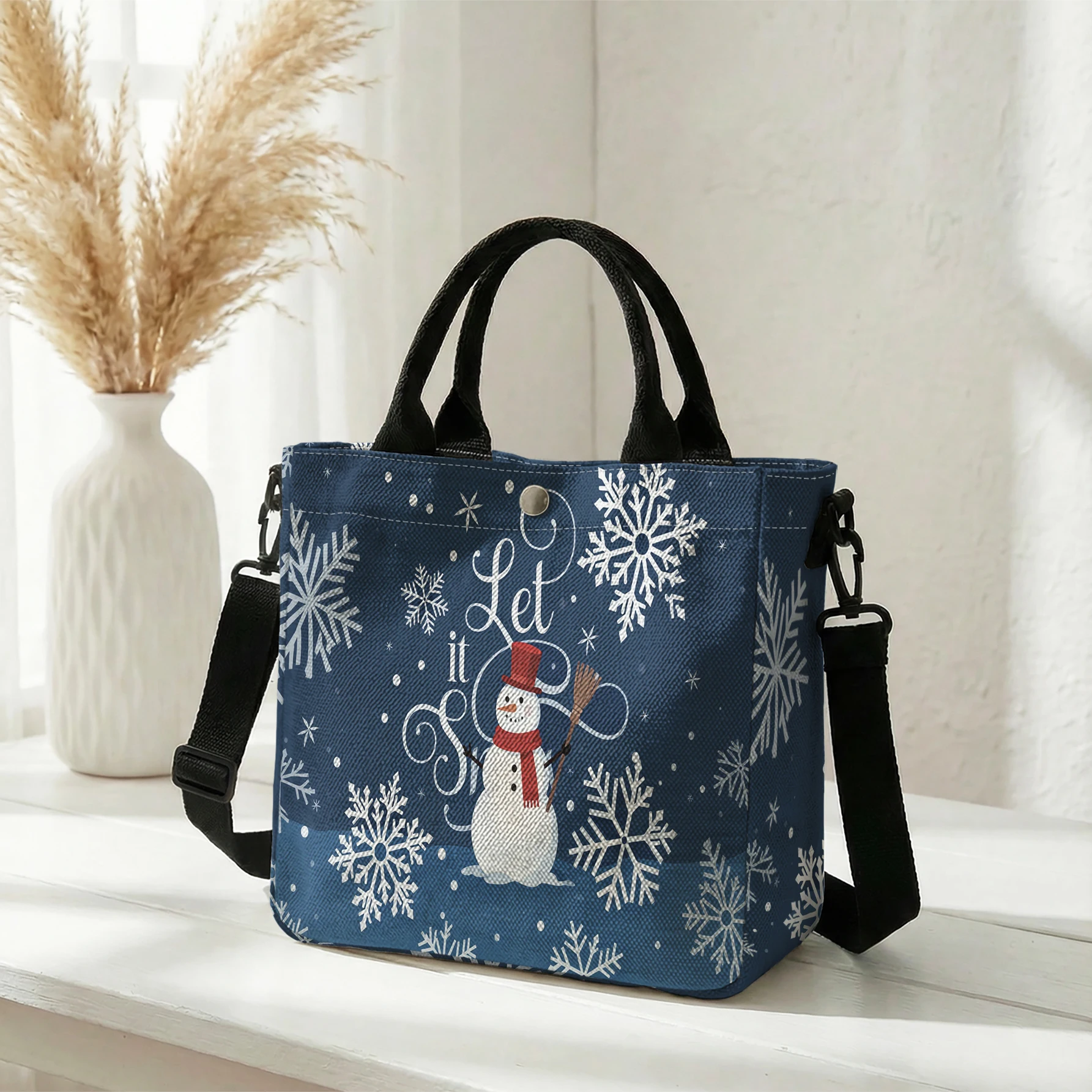 Let It Snow Snowman Snowflake Print Tote Bag, Detachable Strap Crossbody Handbag For Daily Work Shopping