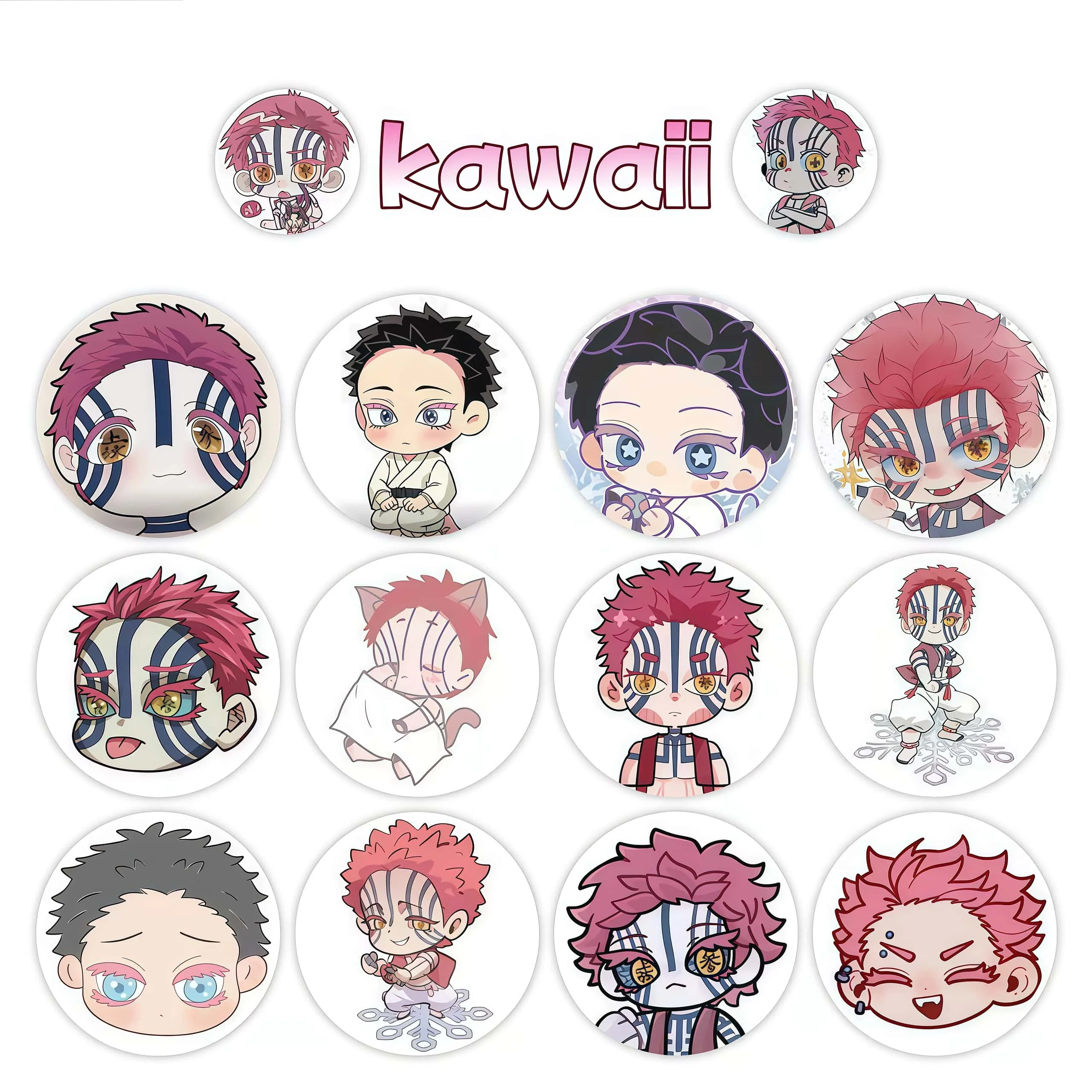 500Pcs Demon Slayer Akaza Chibi Round Sticker Roll, Multi-expression Cute Anime Character Labels for Journal Packaging Decor