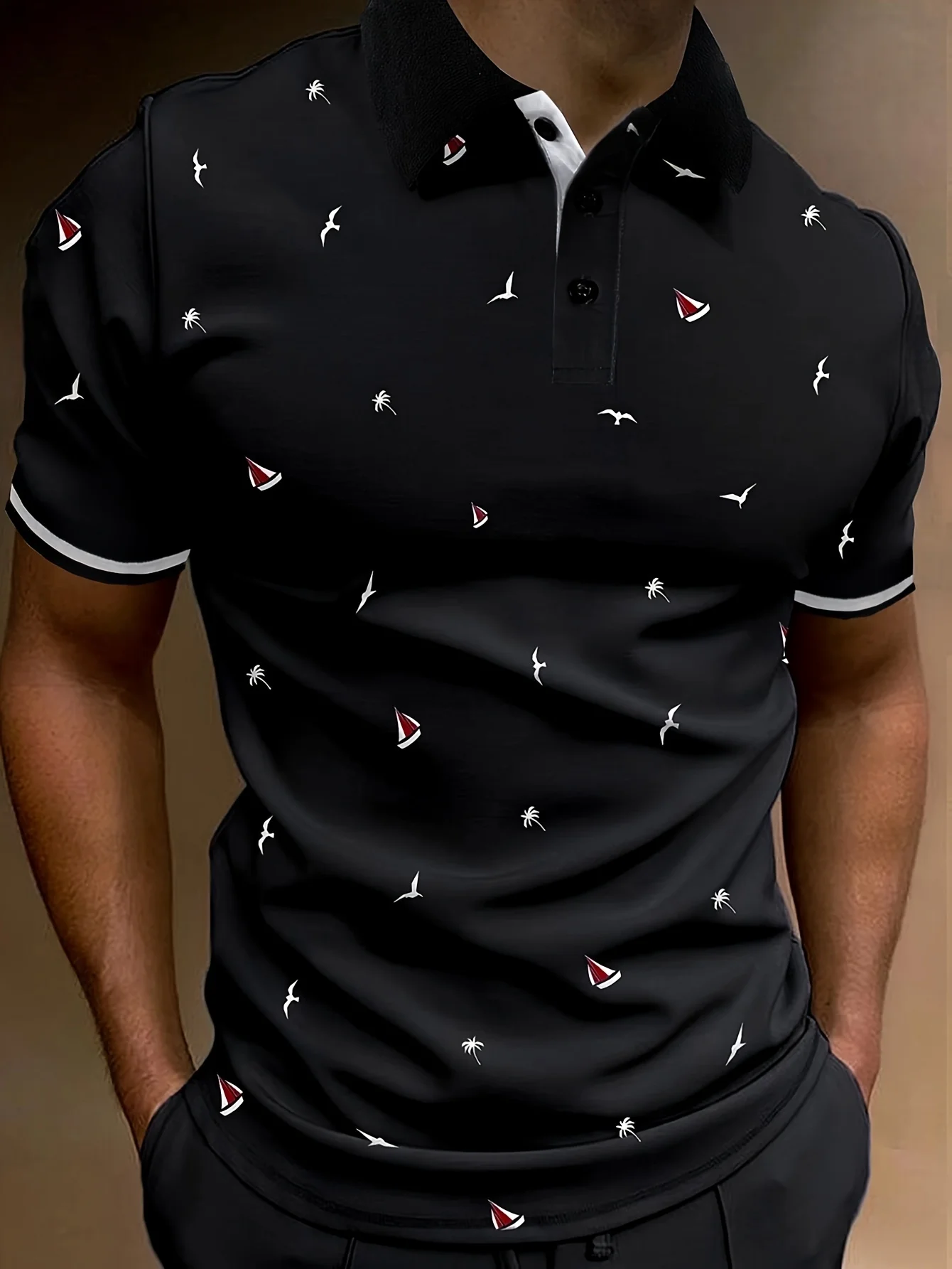 Men\'s Contrast Collar Design Short Sleeve Lapel Golf Shirt Short Sleeve Printed Button Clothing Fashion Design Casual Breathable