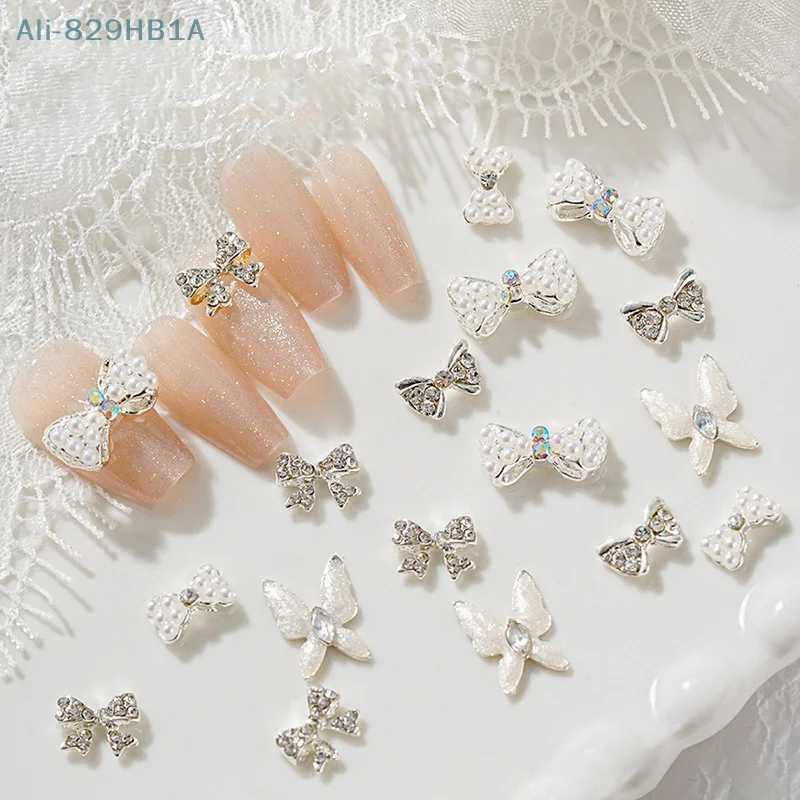 5PCS Bowknot Zircon Nail Accessories Pearl Shimmering Silver Butterfly Inlaid With Diamonds 3D Alloy Nail Decoration