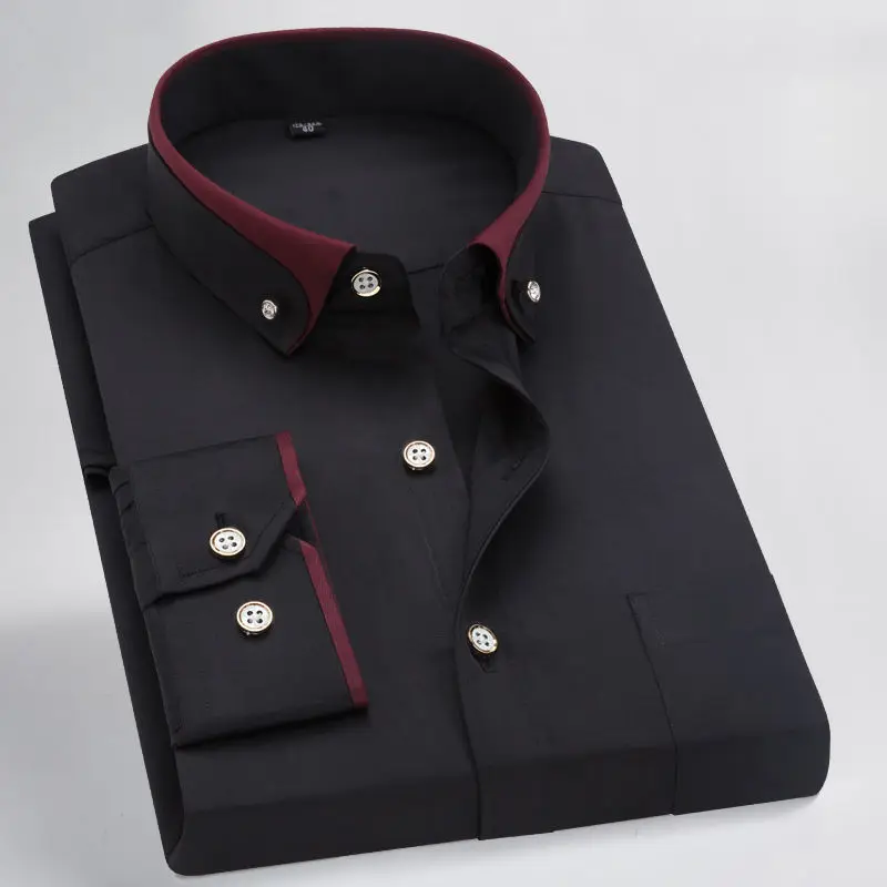 Men\'s Double Collar Shirt Long Sleeves Formal Classic Business Dress Shirt Black Casual Slim Fit Breathable Non-Iron Korean