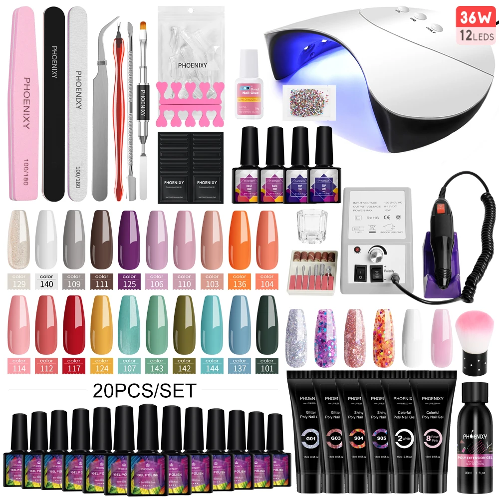 Full Maicure Set 20 Colors Gel Nail Polish with 36W Nail Lamp Quick Extension Gel Set Poly Nail Gel Complete Nail Art Tools Set