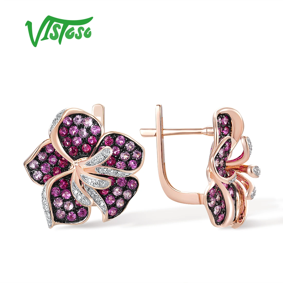 VISTOSO Genuine 14K 585 Rose Gold Earrings For Women Sparkling Diamond Pink Sapphire Ruby Lily Flower Gorgeous Fine Jewelry