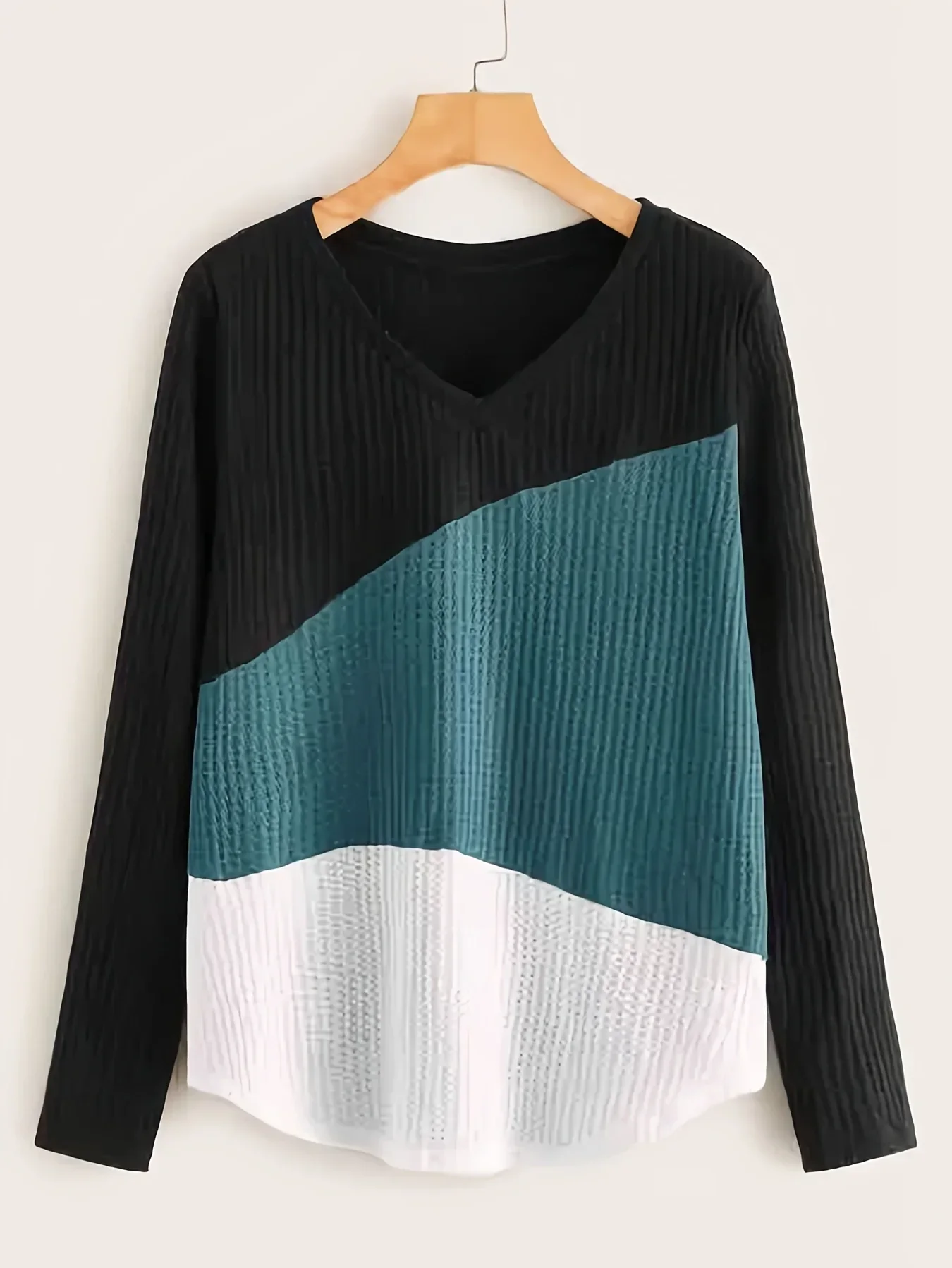 Plus Size 1XL-5XL Women's Casual Colorblock Loose Knitwear Tops Ladies Fashion Long Sleeve V NeckSlight Stretch Sweater