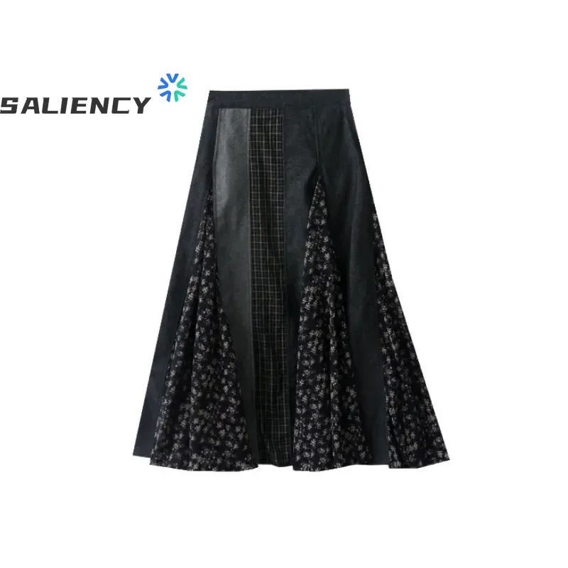 SALIENCY Irregular Checkered Floral Patchwork Denim Skirt Women's Fashion Mid Length Vintage Skirts Woman Clothes