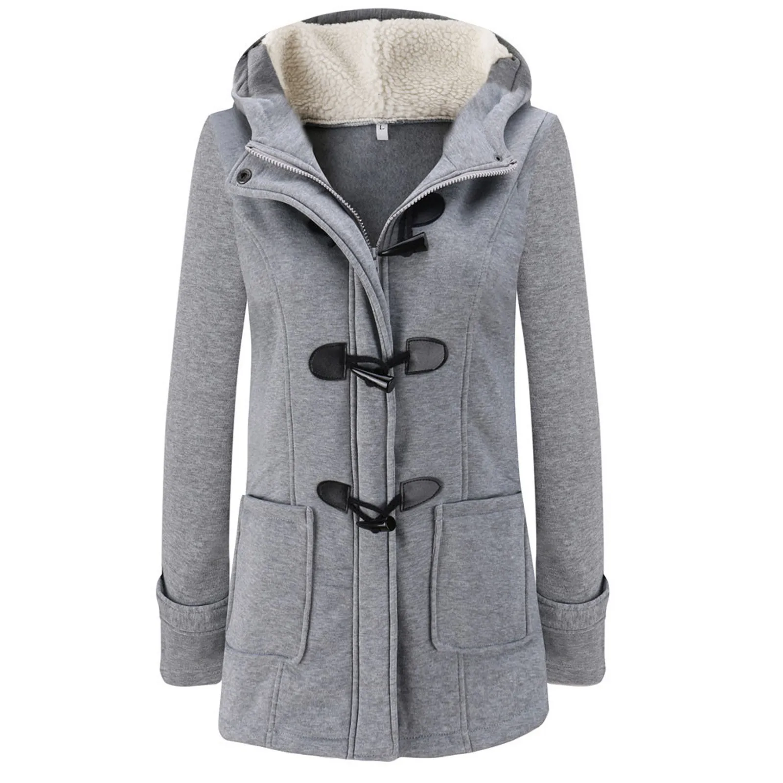 Womens Winter Coats Thicken Sherpa Lined Jacket Fashion Horn Button Hooded Outwear Warm Wool Blended Pea Coat Pockets