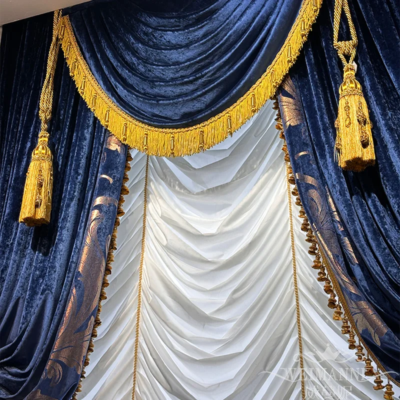 High-end European Gilded Flannelette Jacquard Splicing Blue Curtains for Living Room Bedroom Villa French Window Customized